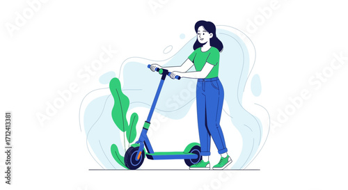 A Woman With Electric Kick Scooter, Enjoying The Fresh Air In A Park Illustration