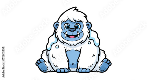 A charming illustration of a cute and friendly yeti. This cartoon abominable snowman character is sitting, perfect as a mascot or design element