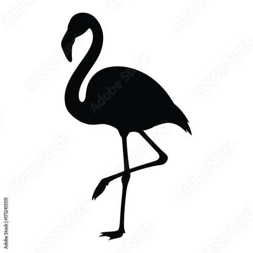 Elegant silhouette of a flamingo standing on one leg in profile view silhouette
