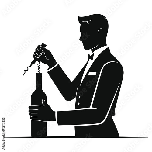  Professional Waiter Silhouette Uncorking Wine Bottle. Elegant Sommelier Service Vector Icon for Restaurant, Bar, and Fine Dining Branding. Isolated Graphic.