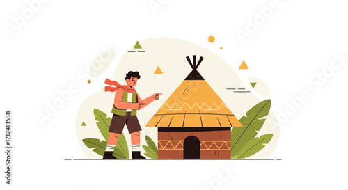 A Young Adventurer Exploring A Traditional Dwelling In A Tropical Environment