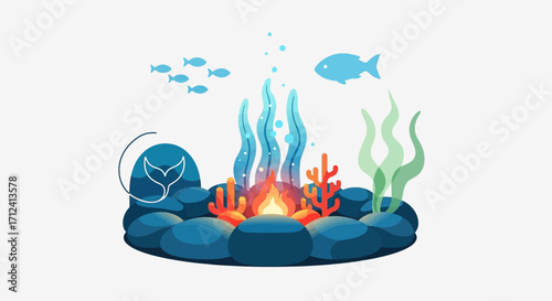 Underwater Campfire Scene with Fish and Coral Illustration.