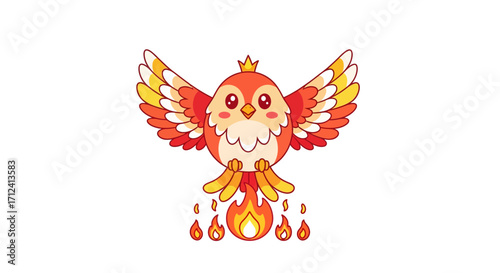 Kawaii firebird mascot with golden wings and a royal crown, a cute phoenix rising from flames as a fantasy vector character