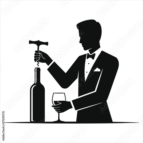 Elegant Waiter or Sommelier Silhouette Opening Wine Bottle and Holding Glass. Professional Service Vector Icon for Restaurant, Bar, and Hospitality Design.
