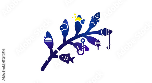 Underwater Seaweed Branch with Fish and Hooks.