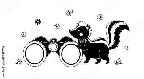 A Curious Skunk Inspects The World Through Binoculars In A Charming Monochromatic Illustration