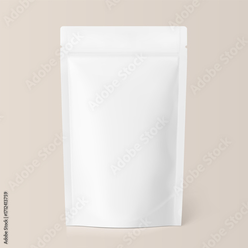 Realistic stand up pouch bag with zip lock mockup with transparent shadow. Front view. Vector illustration on colour background. Ready for your design. EPS10.