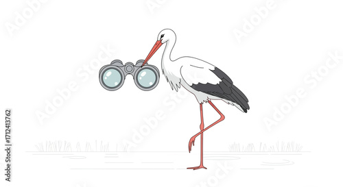 A Curious Stork Uses Binoculars to Observe Its Surroundings in Natural Environment