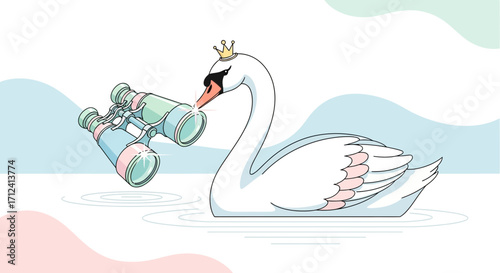 A Curious Swan With Binoculars Gazes At Something Within The Watery Depth