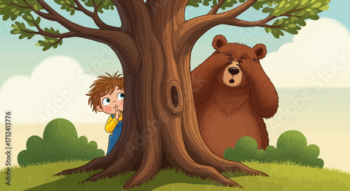 A Young Boy and Playful Bear Hide Behind a Tree, Engaging in A Childlike Spree