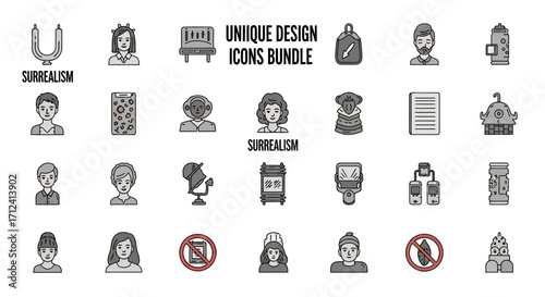 Unique Design Icons Bundle with Surrealism and Portrait Glyphs.