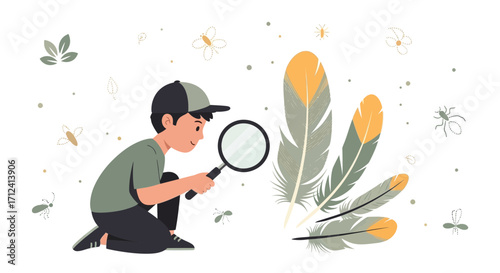 A Curious Young Explorer Uses Magnifying Glass for Feather Inspection and Discovery