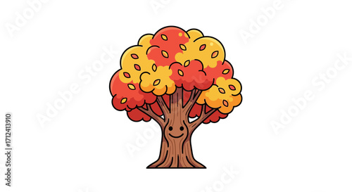 Smiling Autumn Tree Cartoon Illustration of Fall Foliage