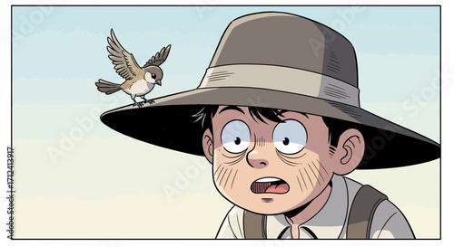 A Young Boy Faces Surprisingly A Bird Sitting On His Hat Looking Surprised In Comic Style