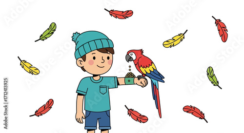 A Young Boy Feeds A Colorful Parrot Surrounded By Floating Feathers In Illustration