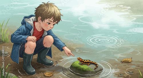 A Young Boy Observing A Newt, Learning About Nature And Its Wonders, Artistic Composition