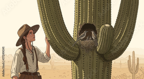 A Desert Discovery: Woman Gaze At Birds Nests Inside Majestic Cactus Nature Wonder