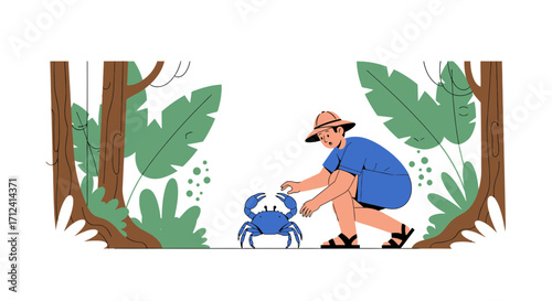A Discovering Expedition: An Observer Gazes Upon The Curious Crab In Its Habitat Setting