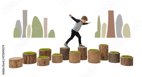A Young Boy Playing And Balancing On Wooden Stumps In An Outdoor Setting