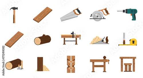 Vector Icon Set of Carpentry and Woodworking Tools.