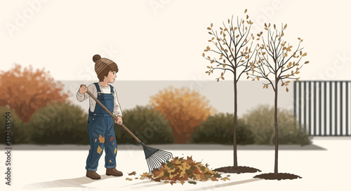 A Young Boy Rakes Fallen Leaves In A Charming Autumnal Garden Scene Design
