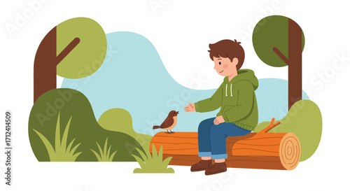 A Young Boy Sharing an Outdoor Moment of Friendship with a Bird by Reaching