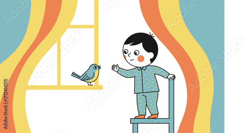 A Young Boy Shares Thoughtful Moment With a Friendly Bird at His Window