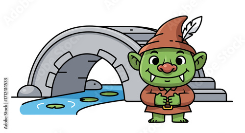 Cartoon Illustration of a Friendly Green Goblin Standing Beside a Stone Bridge and Flowing River