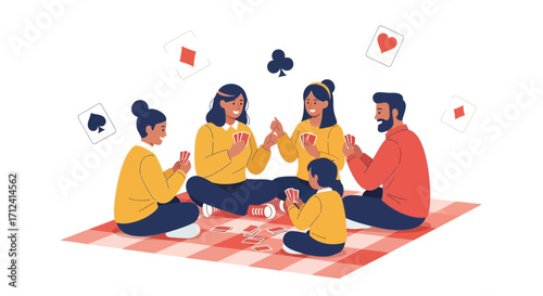 A Family Group Enjoying An Evening Playing Cards Together On A Chequered Picnic Blanket