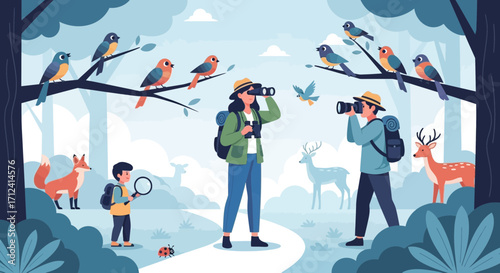 A Family Observes Diverse Fauna and Captures Picturesque Nature Scenes Seamlessly