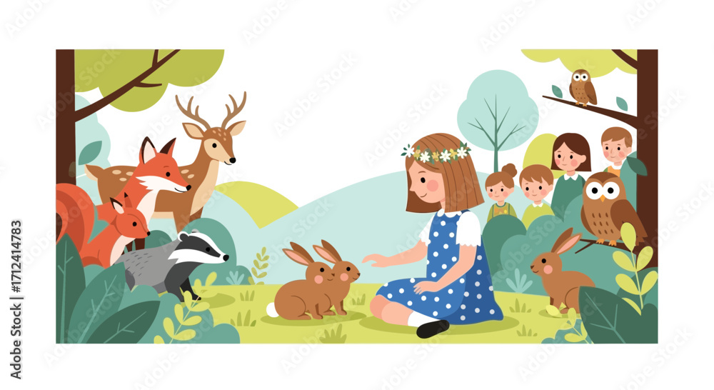 Fototapeta premium A Forest Encounter: Girl, Animals, And Friends, Illustration With Pastel Colors