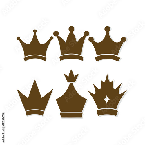 Brown crown and royal tiara vector collection, decorative king and queen symbols, vintage elegant crest emblems, luxury brand design, graphic illustration.