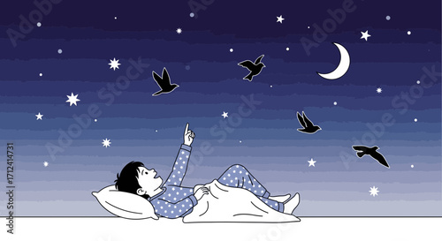 A Young Dreamer Gazing At The Stars Flying In The Night Sky Under The Moon