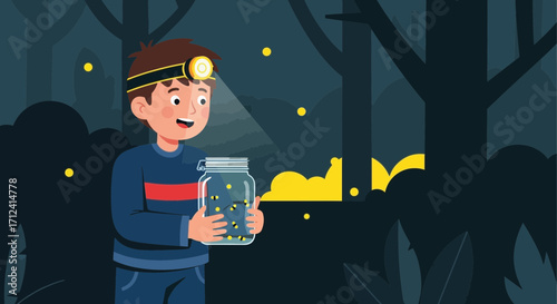 A Young Explorer Discovering Fireflies in a Mysterious Forest at Night