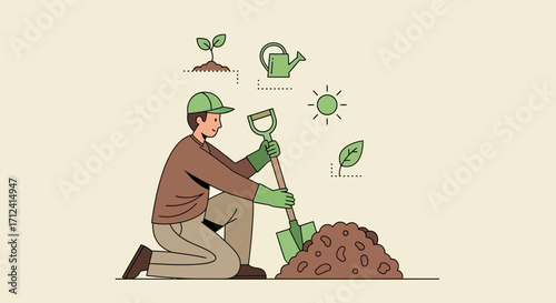 A Gardener Kneeling With Shovel Planting New Life Under The Sun, Ecology and Nature