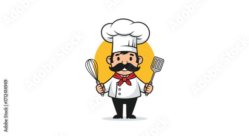 A cheerful chef wearing a white hat and uniform holds a whisk and spatula.