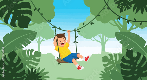 A Young Explorer Swinging Happily Amidst Lush Jungle Vegetation Illustration