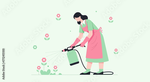 A Gardener Spraying Flowers, Illustrative Design, Gardening and Horticultural Illustration