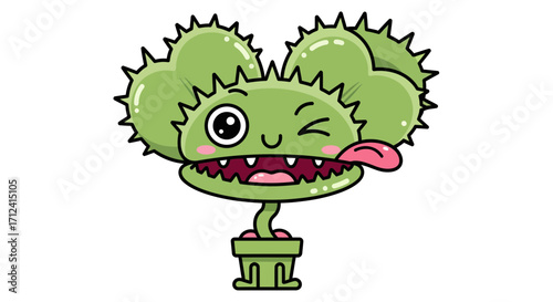 Whimsical Cartoon Venus Flytrap Character Illustration, Playfully Winking and Sticking out Tongue, a Quirky Potted Botanical Mascot for Engaging Designs and Content