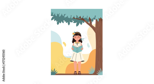 A Girl Reading Under a Tree with a Book and Sunshine, Simple Illustration