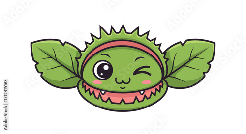 Charming and adorable cartoon Venus flytrap illustration winking playfully, featuring large green leaves and a cute toothy grin, perfect for whimsical designs and nature-themed projects