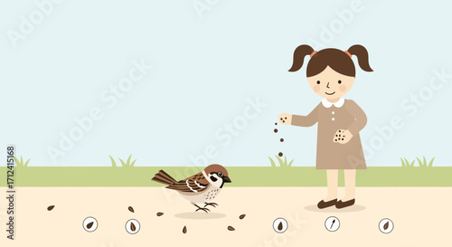 A Young Girl Caring For A Bird, Spreading Seeds In The Park Outdoors