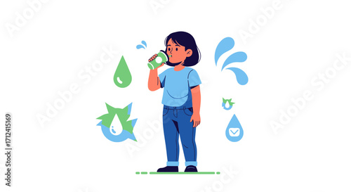 A Girl Hydrating with a Green Drink, Embracing Essential Water Consumption Habits