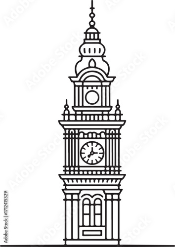 Historic Clocktower Black Outline Silhouette Detailed Architectural Vector Icon