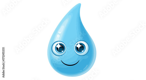 Cute cartoon water drop character with big sparkling eyes and a friendly smile, isolated on white background