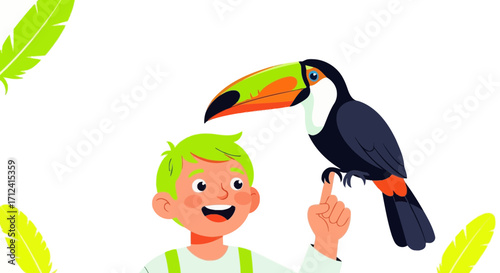 A Happy Child's Vibrant Interaction With A Magnificent Tropical Toucan Bird On White Background