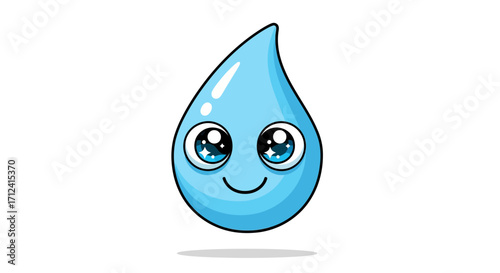 Cute and happy blue water droplet with sparkling eyes, an adorable cartoon character perfect for environmental themes, hydration, or children's designs