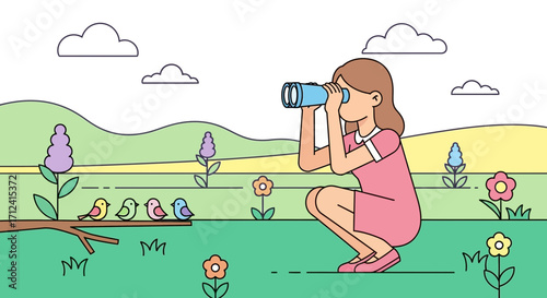A Young Girl Observes Nature, Using Binoculars to Spot Birds in a Vibrant Field