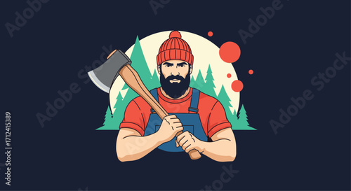 A strong bearded lumberjack wearing a red beanie and overalls holding an axe.
