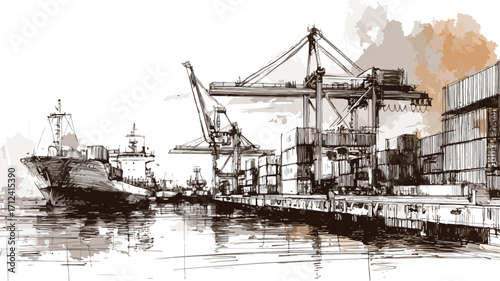 Container Port Logistics Sketch with Cargo Ship, Shipping Containers and Cranes